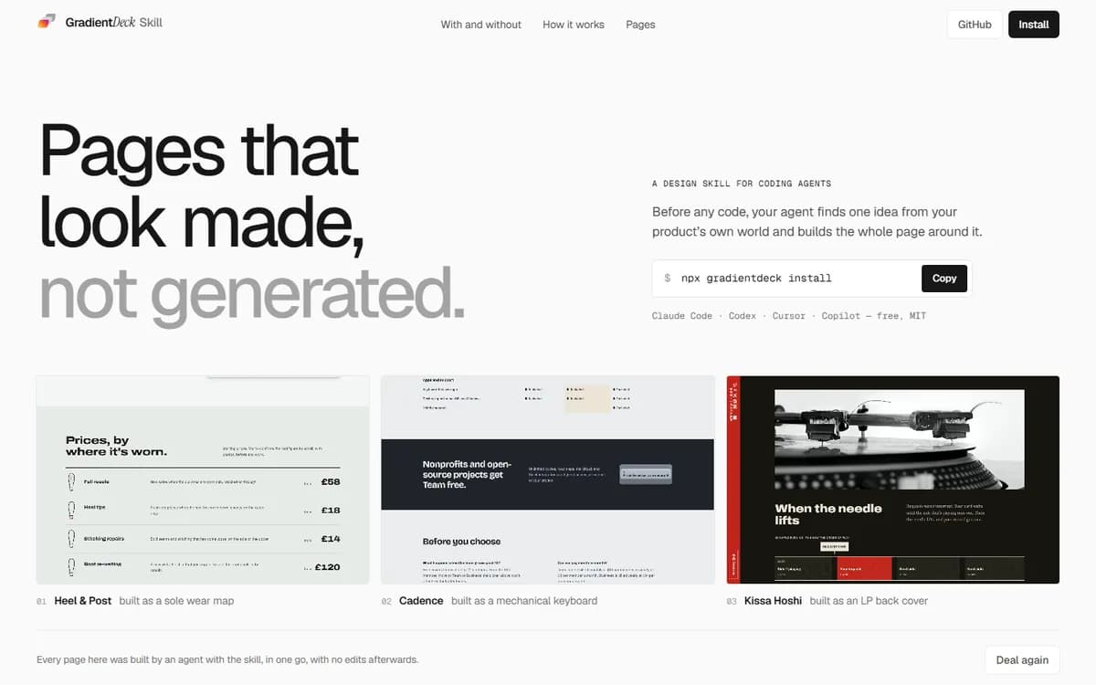 The GradientDeck Skill site: the headline Pages that look made, not generated, above three pages built with the skill